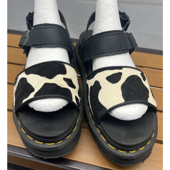 Doc Martens Voss Hair On Sandals - Black + Medium Cow Print - Size 8W US - Picture 2 of 8